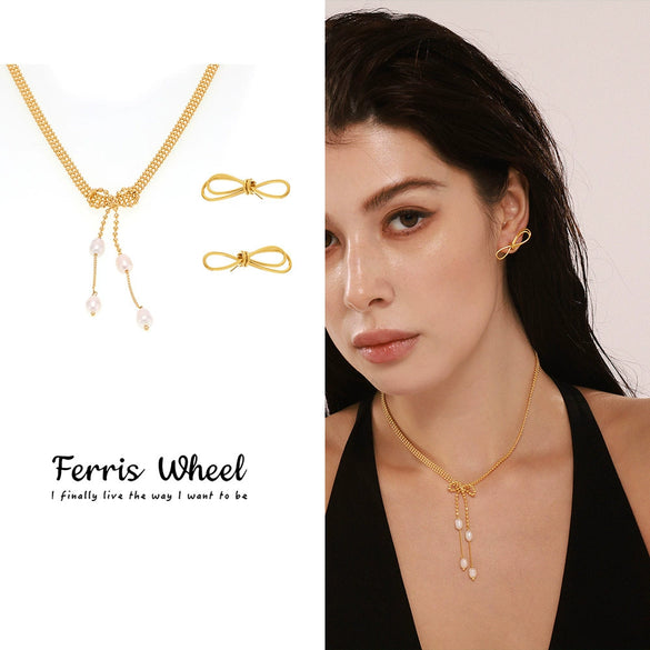 Wholesale Women's Simple Minimalist Ferris Wheel Pendant Necklace And Earrings Jewelry Set With Copper Freshwater Pearl And Titanium Steel Electroplated