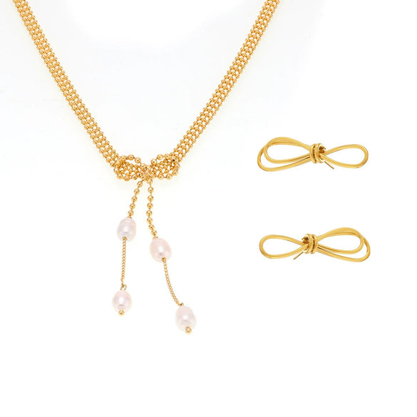 Wholesale Women's Simple Minimalist Ferris Wheel Pendant Necklace And Earrings Jewelry Set With Copper Freshwater Pearl And Titanium Steel Electroplated