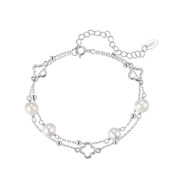 Wholesale Women's Simple Minimalist Geometric Fourleaf Clover Silver Electroplated Freshwater Pearl Bracelet