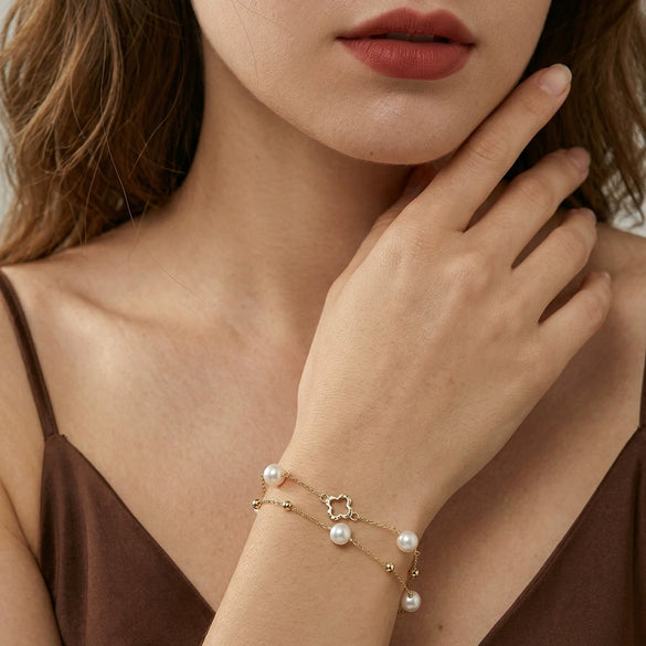 Wholesale Women's Simple Minimalist Geometric Fourleaf Clover Silver Electroplated Freshwater Pearl Bracelet