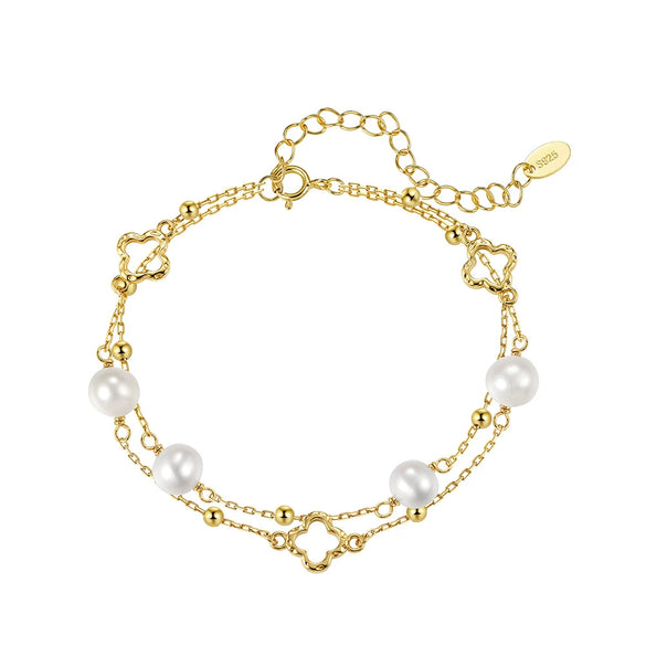 Wholesale Women's Simple Minimalist Geometric Fourleaf Clover Silver Electroplated Freshwater Pearl Bracelet