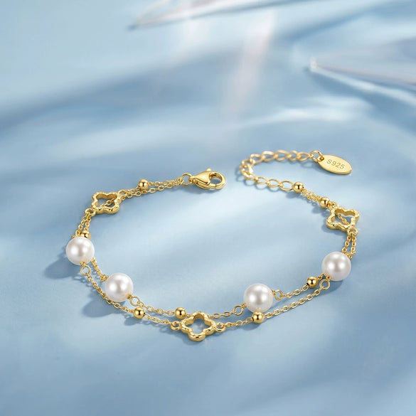 Wholesale Women's Simple Minimalist Geometric Fourleaf Clover Silver Electroplated Freshwater Pearl Bracelet