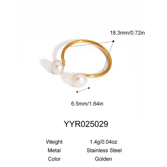 Wholesale Women's Simple Minimalist Geometric Stainless Steel Opening Ring With Pvd Furnace Vacuum Real Gold Plating And Natural Steamed Bread Pearl