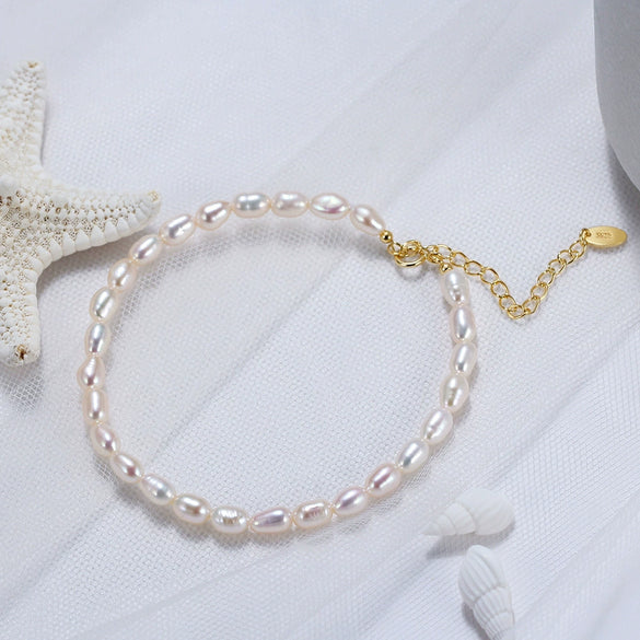 Wholesale Women's Simple Natural Eggshaped S925 Sterling Silver Freshwater Pearl Jewelry Bracelet With Electroplating