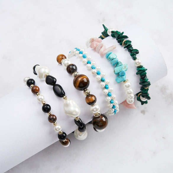 Wholesale Women's Simple Natural Silver Beaded Bracelet With Irregular Natural Turquoise Opal Amethyst And Shell Pearl Electroplated