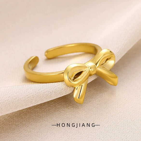 Wholesale Women's Simple Plain Bow Geometric Stainless Steel Open Ring With Electroplating
