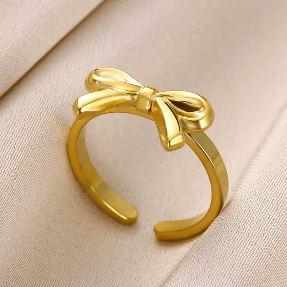 Wholesale Women's Simple Plain Bow Geometric Stainless Steel Open Ring With Electroplating