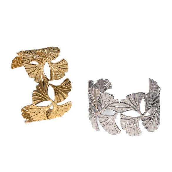 Wholesale Women's Simple Plants Flowers Style 18K Gold Electroplated Stainless Steel Adjustable Open Hydraulic Bracelet