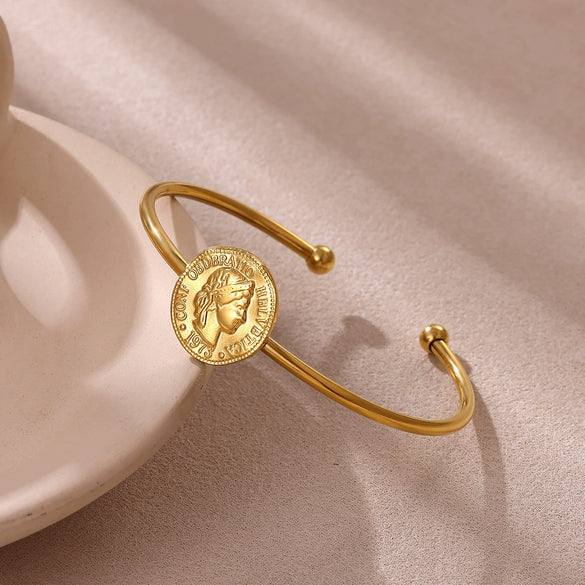 Wholesale Women's Simple Portrait Stainless Steel 18K Gold Plated Open Bracelet