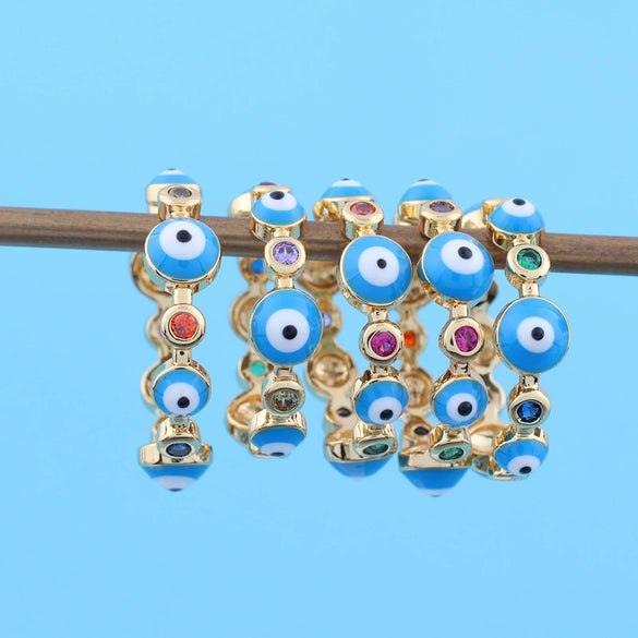 Wholesale Women's Simple Resin Ring With Geometric Pattern Copper And Microinlaid Zircon Real Gold Plating Hand Painted Inlay Turkish Blue Eye And Devil's Eye Drop Oil Design