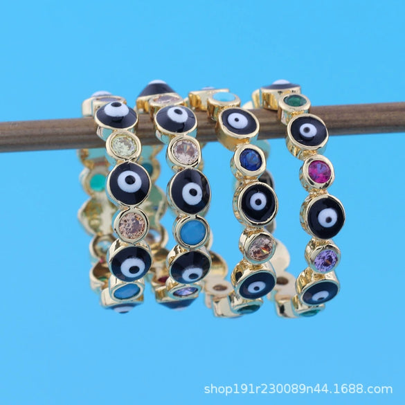Wholesale Women's Simple Resin Ring With Geometric Pattern Copper And Microinlaid Zircon Real Gold Plating Hand Painted Inlay Turkish Blue Eye And Devil's Eye Drop Oil Design