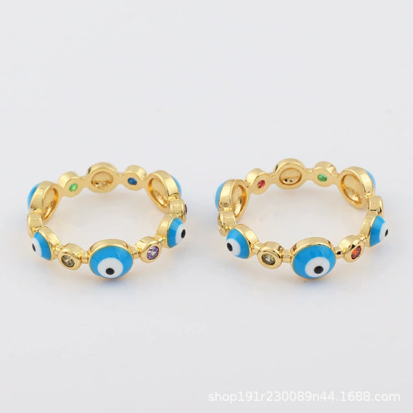 Wholesale Women's Simple Resin Ring With Geometric Pattern Copper And Microinlaid Zircon Real Gold Plating Hand Painted Inlay Turkish Blue Eye And Devil's Eye Drop Oil Design