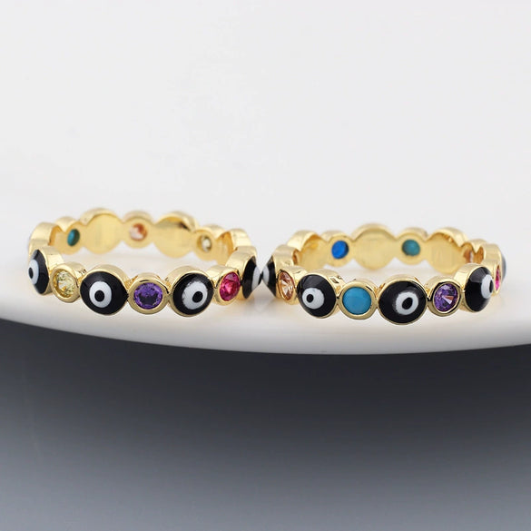 Wholesale Women's Simple Resin Ring With Geometric Pattern Copper And Microinlaid Zircon Real Gold Plating Hand Painted Inlay Turkish Blue Eye And Devil's Eye Drop Oil Design