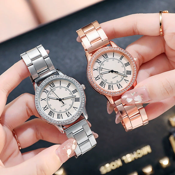 Wholesale Women's Simple Retro Alloy Case Steel Band Quartz Watch With Inlaid Roman Diamond And Luminous Feature