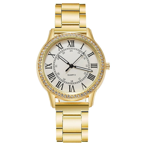 Wholesale Women's Simple Retro Alloy Case Steel Band Quartz Watch With Inlaid Roman Diamond And Luminous Feature
