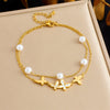 Wholesale Women's Simple Retro Stacked Doublelayer Pearl Insectshaped Pendant Stainless Steel Goldplated Jewelry Anklet