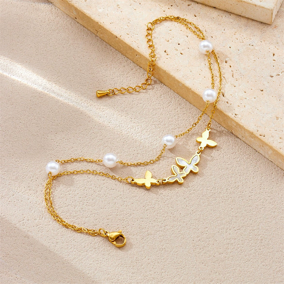 Wholesale Women's Simple Retro Stacked Doublelayer Pearl Insectshaped Pendant Stainless Steel Goldplated Jewelry Anklet