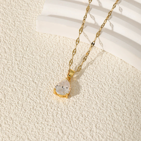 Wholesale Women's Simple Retro Stainless Steel Drop Shape Pendant Necklace With Mixed Gemstone Setting And Electroplating