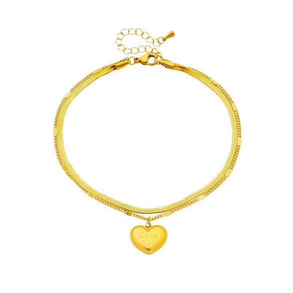 Wholesale Women's Simple Retro Titanium Steel Double Layer Chain Anklet With Love Lettering Pendant And Geometric Pattern