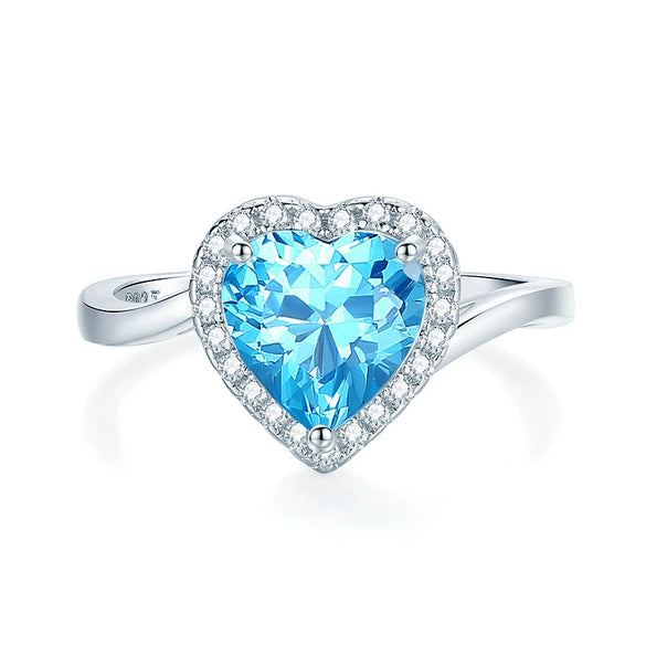 Wholesale Women's Simple S925 Sterling Silver Heartshaped Aquamarine Ring Set With Diamonds
