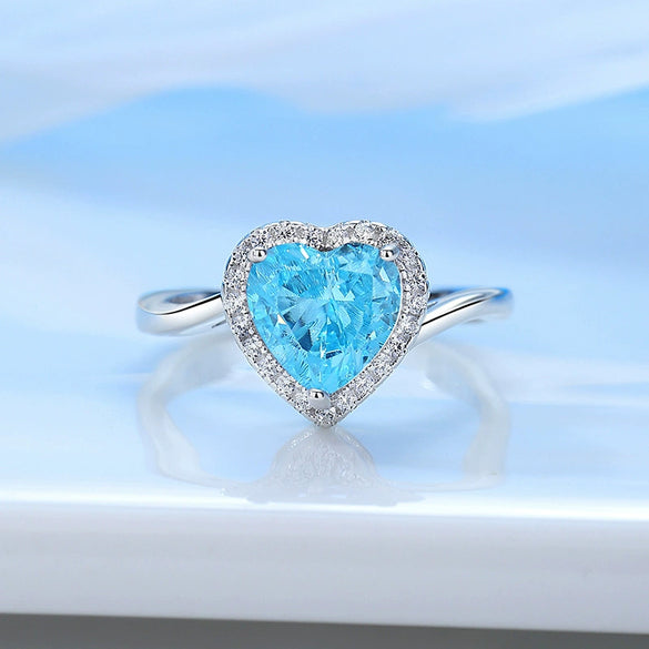 Wholesale Women's Simple S925 Sterling Silver Heartshaped Aquamarine Ring Set With Diamonds