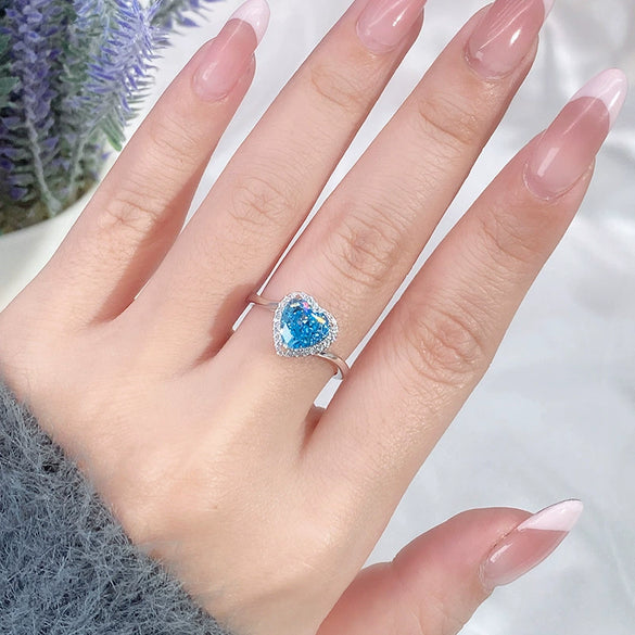 Wholesale Women's Simple S925 Sterling Silver Heartshaped Aquamarine Ring Set With Diamonds
