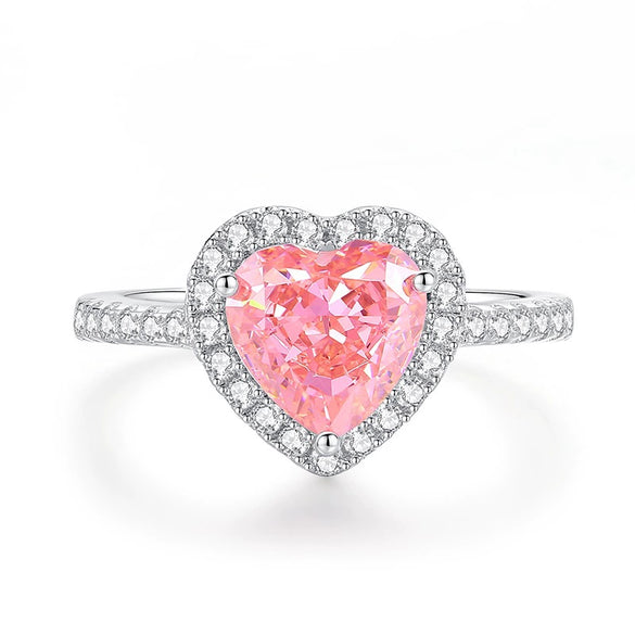 Wholesale Women's Simple S925 Sterling Silver Heartshaped Love Ring With Pink Zircon And High Carbon Diamond