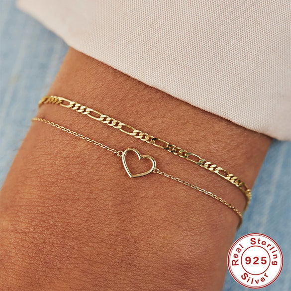 Wholesale Women's Simple S925 Sterling Silver Hollow Heart Geometric Pattern Electroplated Stacked Bracelet