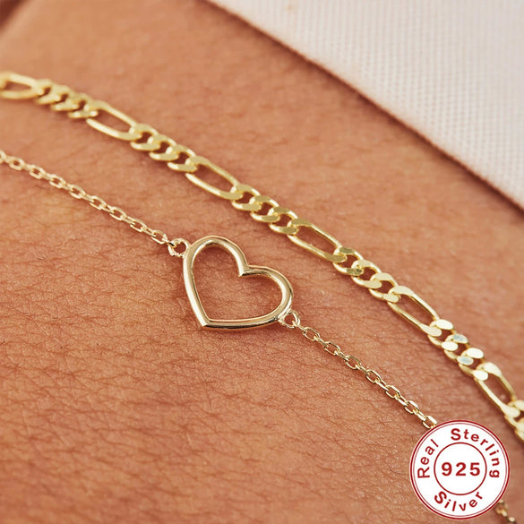 Wholesale Women's Simple S925 Sterling Silver Hollow Heart Geometric Pattern Electroplated Stacked Bracelet