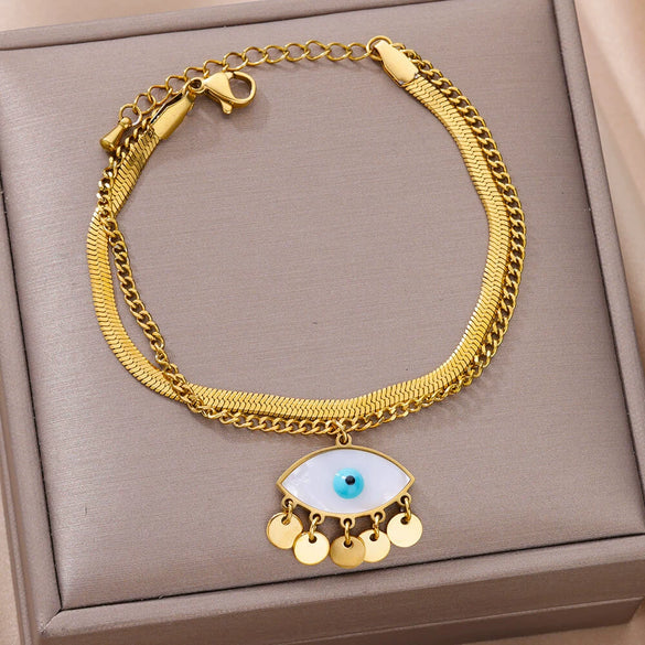 Wholesale Women's Simple Stainless Steel And 18K Electroplated Colorful Diamond Devil's Eye Bracelet With Letters Numbers And Text Pattern