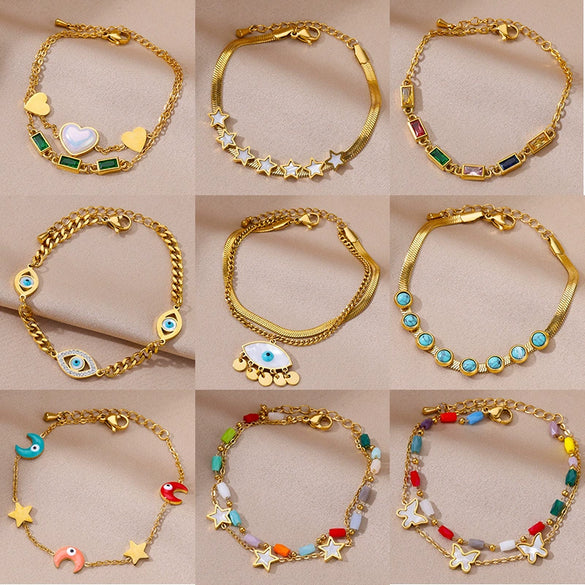 Wholesale Women's Simple Stainless Steel And 18K Electroplated Colorful Diamond Devil's Eye Bracelet With Letters Numbers And Text Pattern