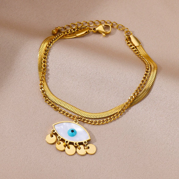 Wholesale Women's Simple Stainless Steel And 18K Electroplated Colorful Diamond Devil's Eye Bracelet With Letters Numbers And Text Pattern