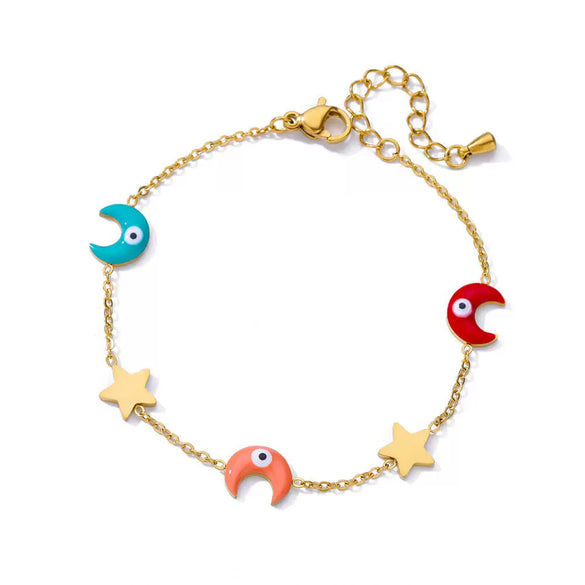Wholesale Women's Simple Stainless Steel And 18K Electroplated Colorful Diamond Devil's Eye Bracelet With Letters Numbers And Text Pattern
