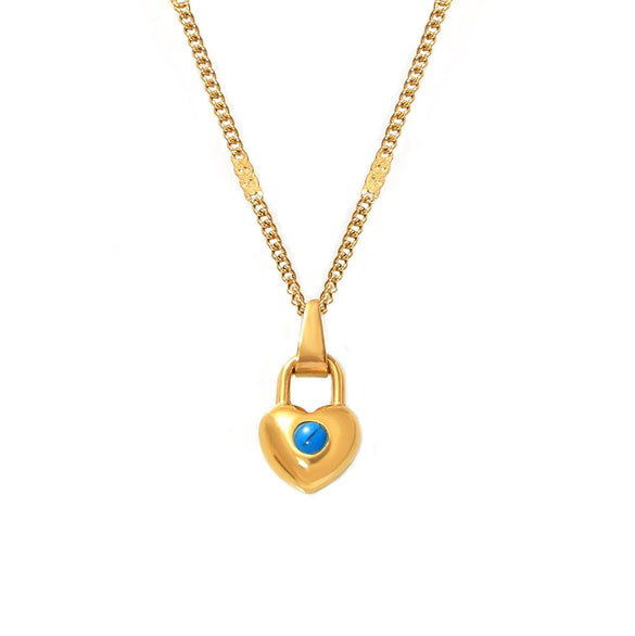 Wholesale Women's Simple 316L Stainless Steel Blue Turquoise Heart Geometric Pendant Clavicle Stacked Necklace 18K Gold Plated
