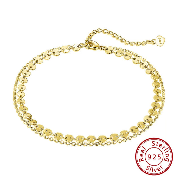 Wholesale Women's Simple 925 Sterling Silver Doublelayer Disc Anklet
