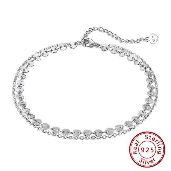 Wholesale Women's Simple 925 Sterling Silver Doublelayer Disc Anklet