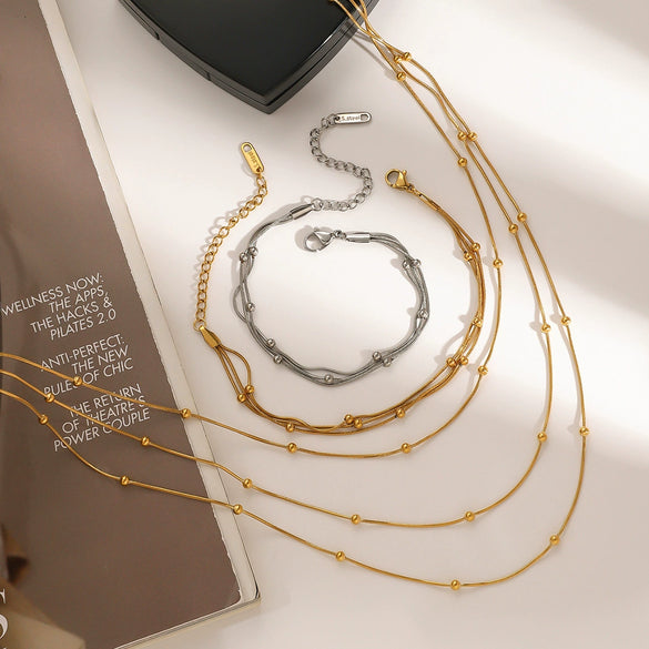 Wholesale Women's Simple Three Layer Clip Bead Chain Necklace Stainless Steel Titanium Steel Geometric Style Electroplated