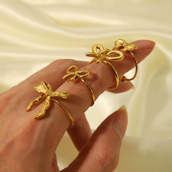 Wholesale Women's Small Fresh Butterfly Opening Ring In Stainless Steel With Bow Pattern And Vacuum Real Gold Electroplating In Pvd Furnace