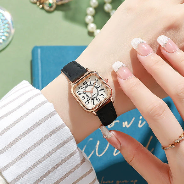Wholesale Women's Small Fresh Digital Retro Style Alloy Case Stainless Steel Buckle Imitation Leather Strap Square Quartz Electronic Watch