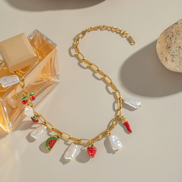 Wholesale Women's Small Fresh Fashion Cute Fruit Geometric Stainless Steel And Titanium Steel Necklace With Pvd Vacuum Real Gold Electroplating