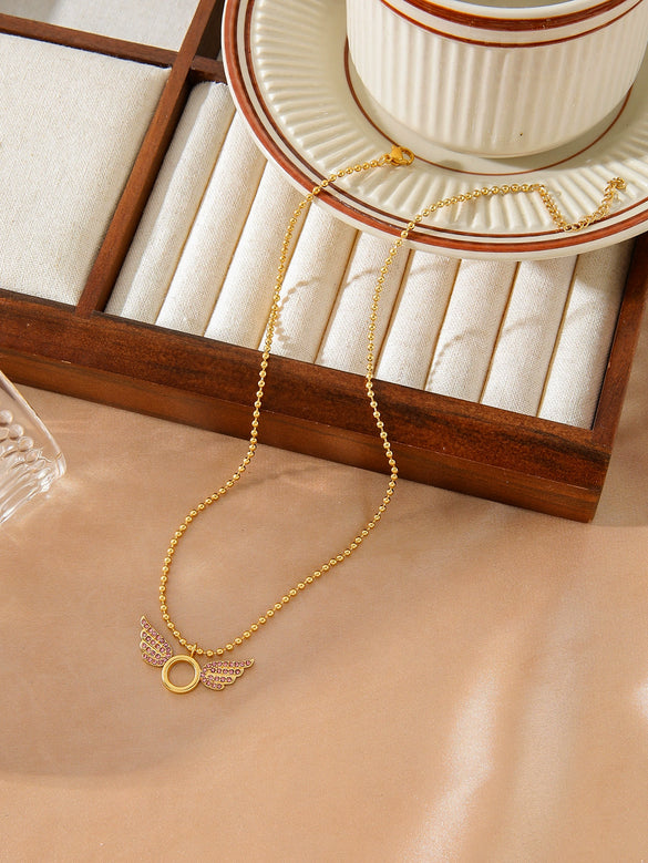 Wholesale Women's Small Fresh Style Zircon Pendant Stainless Steel Necklace With 18K Gold Bead Chain And Electroplating Treatment