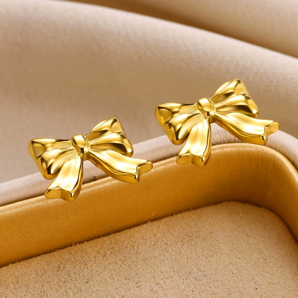 Wholesale Women's Smooth Bow Earrings Stainless Steel 18K Gold Electroplated