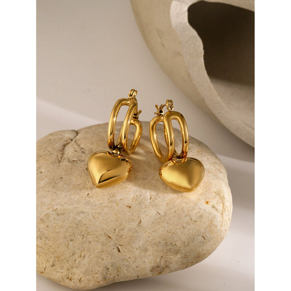 Wholesale Women's Smooth Heart Shaped Earrings In 18K Gold Plated Stainless Steel With Sliding Love Pendant And Electroplating Treatment