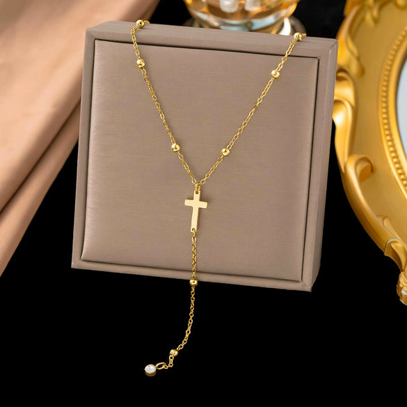 Wholesale Women's Sports Style Geometric Doublelayer Beaded Cross Bracelet With Real Gold Plated Flash O Chain Jewelry