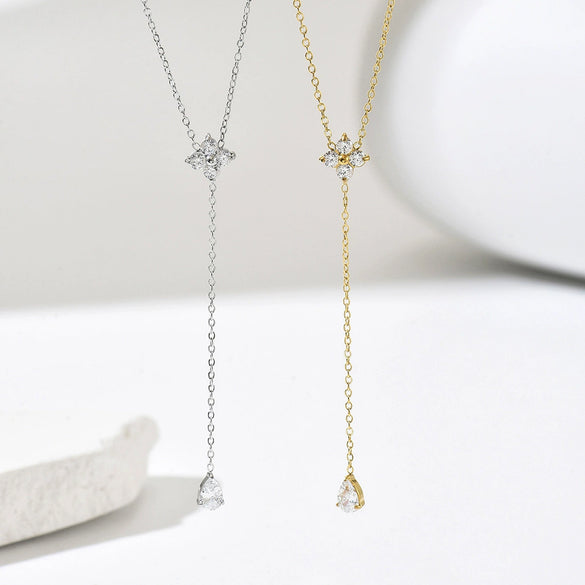 Wholesale Women's Sports Style Geometric Real Gold Plated Stainless Steel Flowershaped Water Drop Zircon Pendant Yshaped Necklace With Flash O Chain