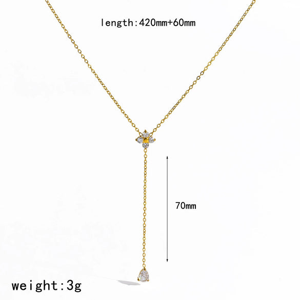 Wholesale Women's Sports Style Geometric Real Gold Plated Stainless Steel Flowershaped Water Drop Zircon Pendant Yshaped Necklace With Flash O Chain