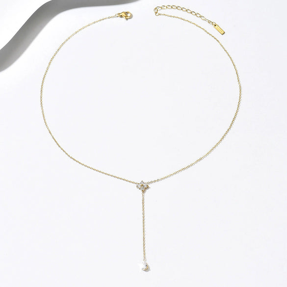 Wholesale Women's Sports Style Geometric Real Gold Plated Stainless Steel Flowershaped Water Drop Zircon Pendant Yshaped Necklace With Flash O Chain