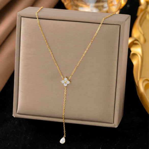 Wholesale Women's Sports Style Geometric Real Gold Plated Stainless Steel Flowershaped Water Drop Zircon Pendant Yshaped Necklace With Flash O Chain