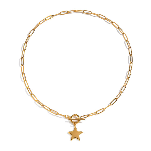 Wholesale Women's Sporty Constellation Fivepointed Star Sweater Chain Necklace With 18K Real Gold Plating And Paper Clip Chain