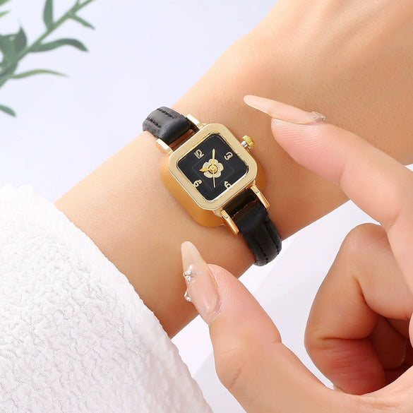 Wholesale Women's Square Alloy Case Imitation Leather Strap Quartz Watch With Fashion Belt Flower Design
